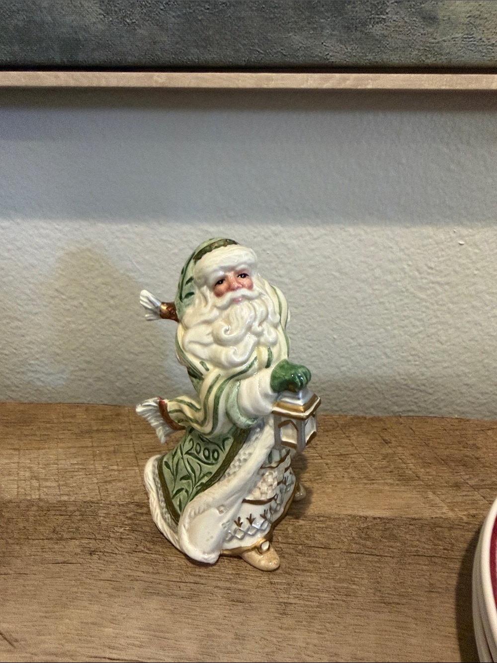 Fitz and Floyd Green and White Santa Figurine Bell with Gold Accents